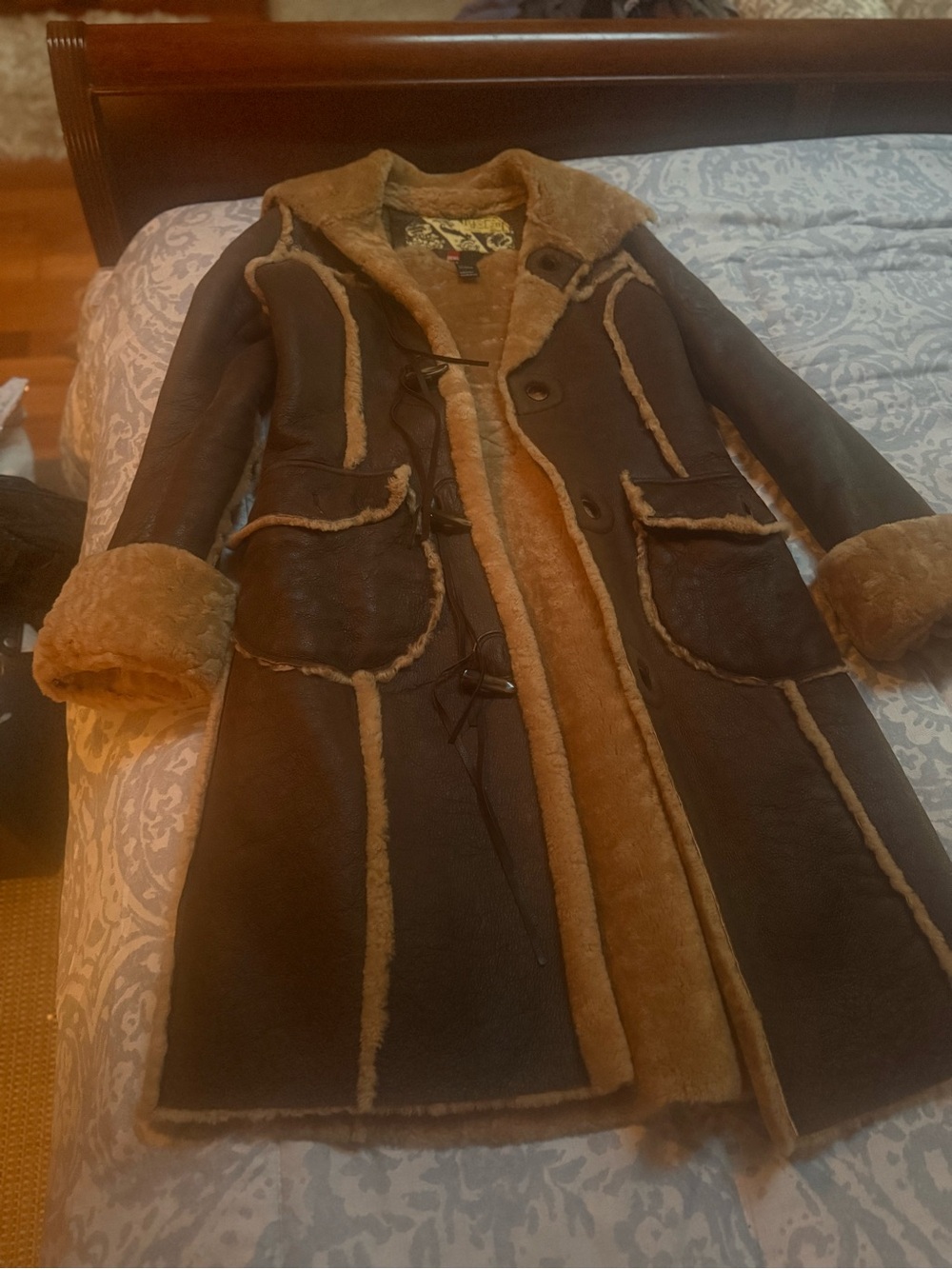 Diesel Brown Shearling Trim Long Leather Jacket